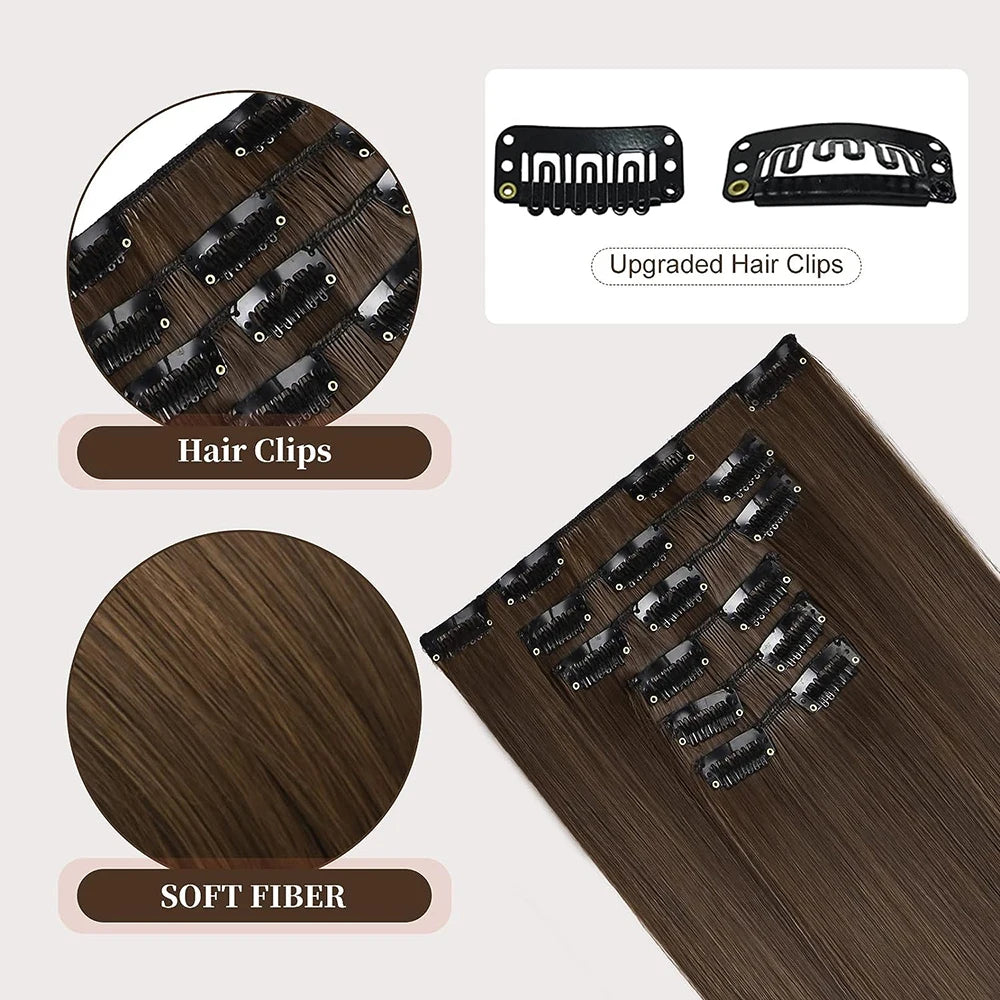 Synthetic Black Hair Extensions 24"/60cm 140g 6pcs/set Women Long Straight Full Head Clip 16 Clips  Ombre  Heat Resistant Fiber