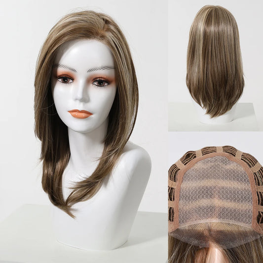 MONO Lace Frontal Synthetic Wigs Light Brown Blonde Hair Middle Length Straight Layered Wigs for White Women Daily 16inches Hair