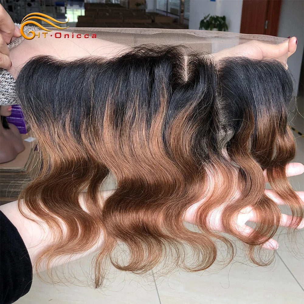 Human Hair Bundles with Body Wave Frontal Ombre Brazilian Curly Weaving Bundles with Closure Frontal 13x4 HD Transparent Lace