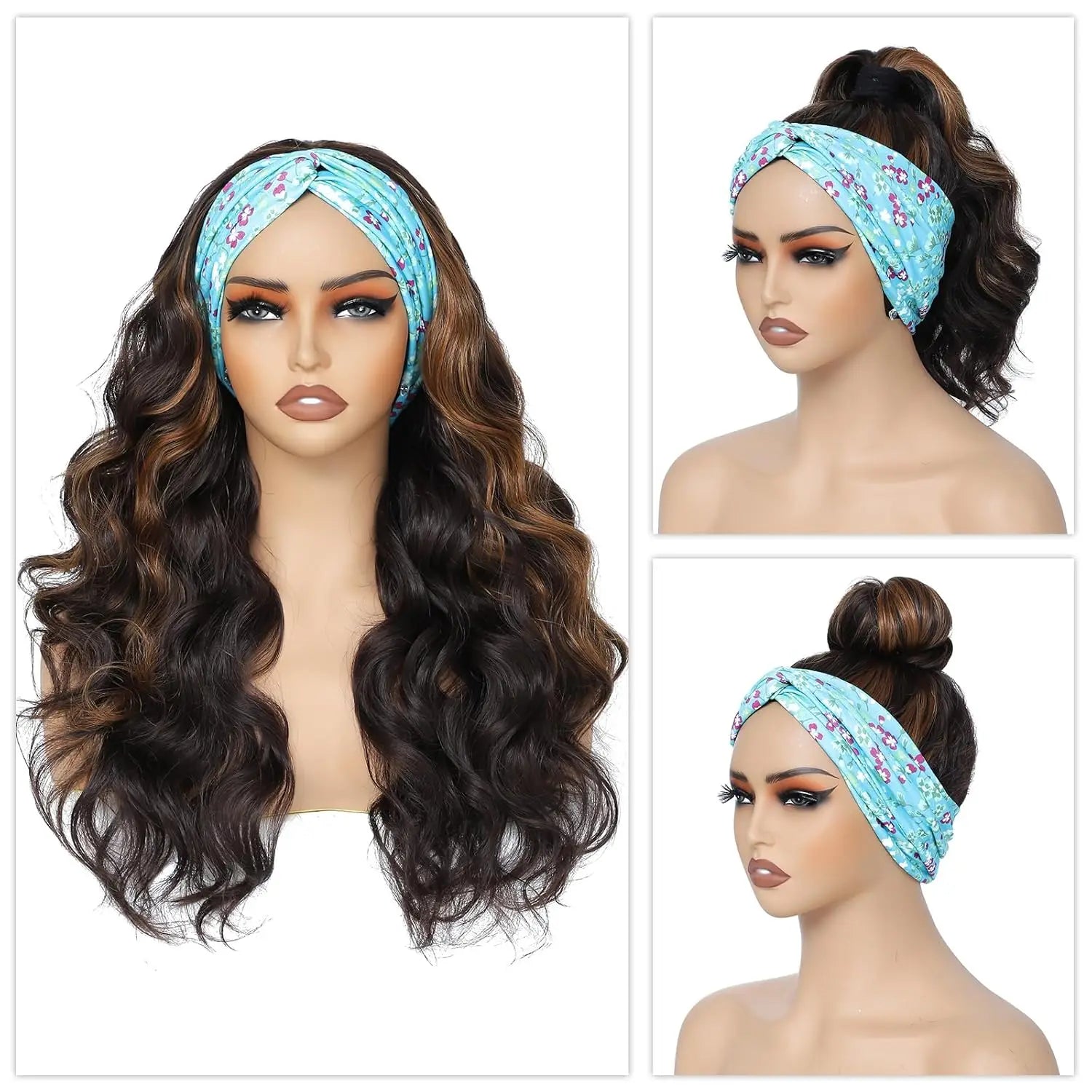 Long Wavy Headband Wig for Women Black Wigs with Brown Blonde Wigs Put On and Go Glueless Wig Long Synthetic Wig Party Daliy Use