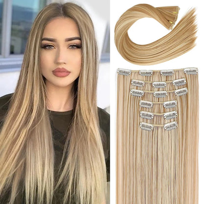 Synthetic Black Hair Extensions 24"/60cm 140g 6pcs/set Women Long Straight Full Head Clip 16 Clips  Ombre  Heat Resistant Fiber