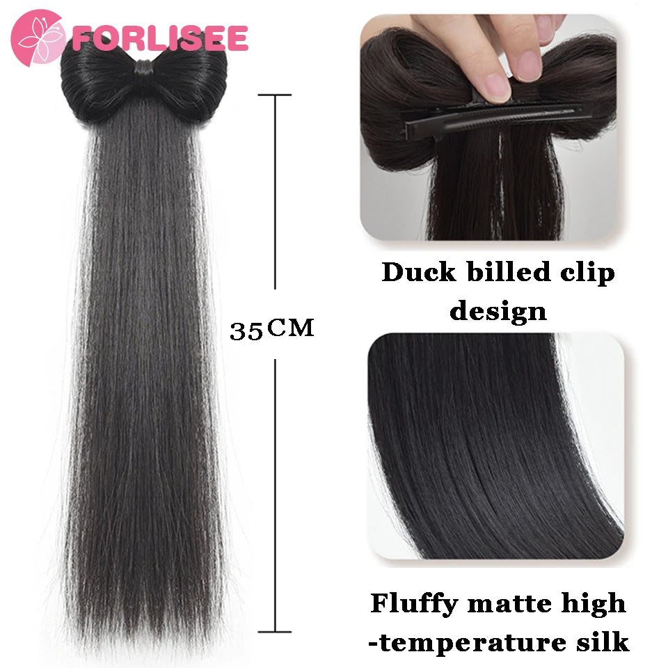 FORLISEE Synthetic Bow Wig Hair Clip Ponytail Straight Hair Half-tied Hair Accessories Natural Grab Clip Low Ponytail