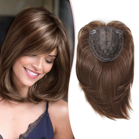 12 inches three clip synthetic wig top hair piece with bangs hair piece, brown bangs wig