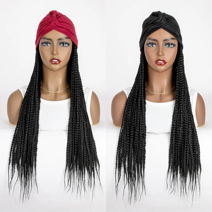 WIGERA Leopard Print Headband Long Braided Synthetic Wig With Turban Hat Box Braiding Hair Extensions Head Scarf  Easy Hairstyle