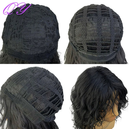 Synthetic Men Wig Natural Curly Dark Brown Color Male Wig With Bangs Water Wave Daily or Cosplay Adjustable Man Hair Wig