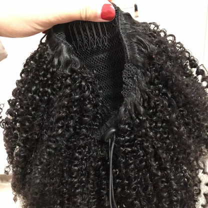 12-24 Inch Mongolian Afro Kinky Curly Ponytail Clips In Drawstring Ponytail Human Hair Wrap Around Velcro Hair Ponytail
