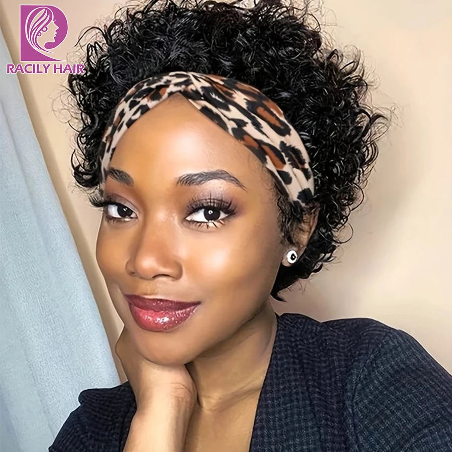 Headband Wig Human Hair Short Pixie Wigs for Women  Headband Half Wig Human Hair Machine Made Wigs
