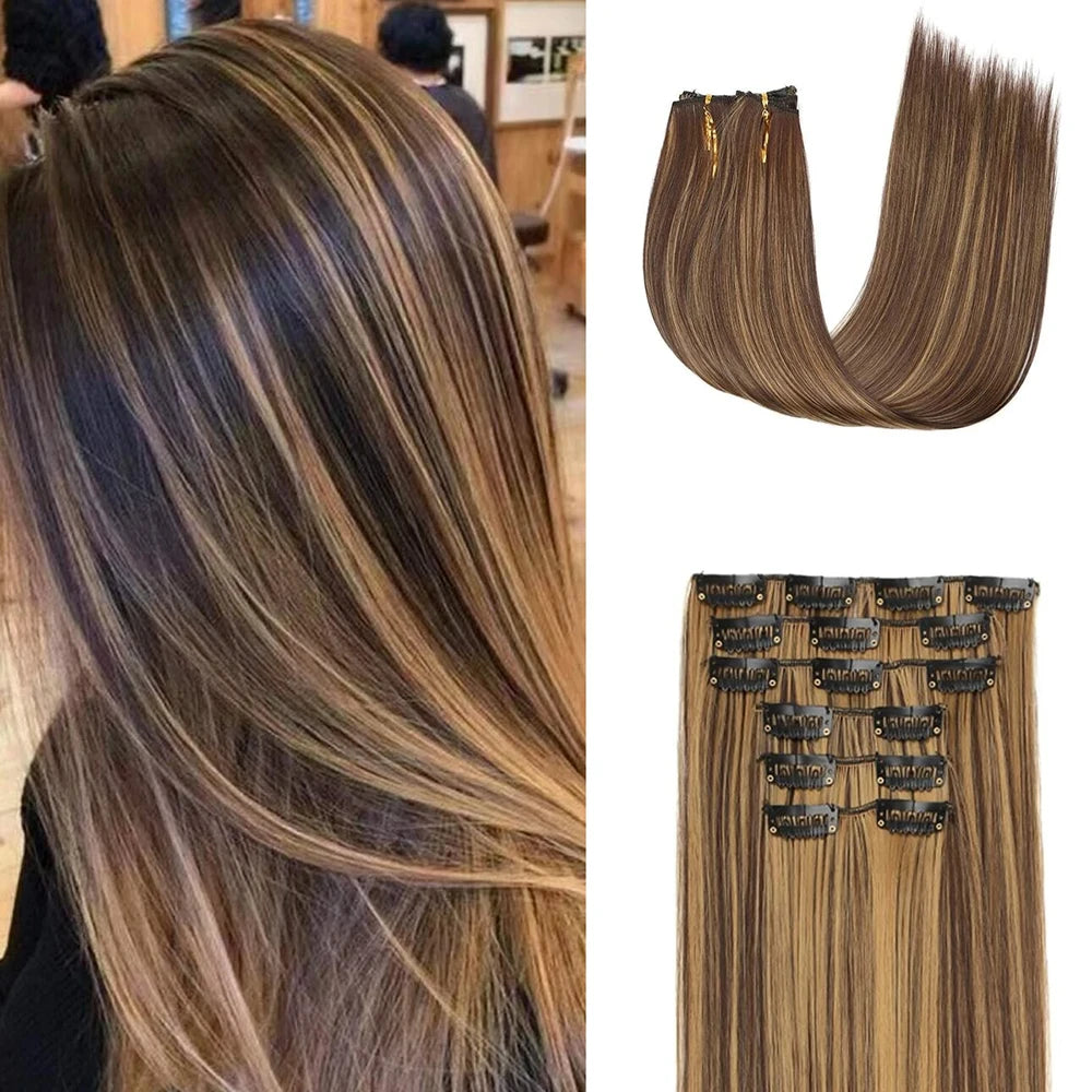 Synthetic Black Hair Extensions 24"/60cm 140g 6pcs/set Women Long Straight Full Head Clip 16 Clips  Ombre  Heat Resistant Fiber