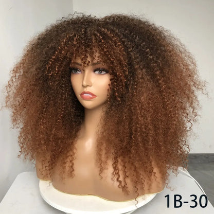 Afro Curly Wigs With Bangs For Black Women Burgundy Wig Synthetic Wine Red Hair Ombre Brown Blonde Cosplay Wig