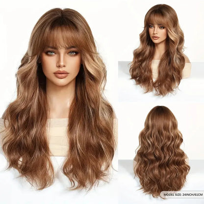Brown Wavy Wigs for Women with Bangs Long Natural Synthetic Hair Wig Daily Cosplay Heat Resistant