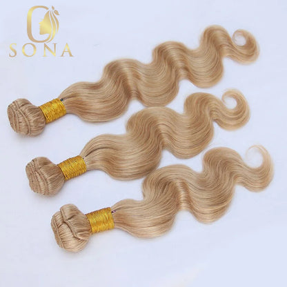 #27 Honey Blonde Human Hair Bundles with 4X4 Closure Brazilian Hair Weave Bundles with Closure 10A Colored Body Wave 1 3 Bundles