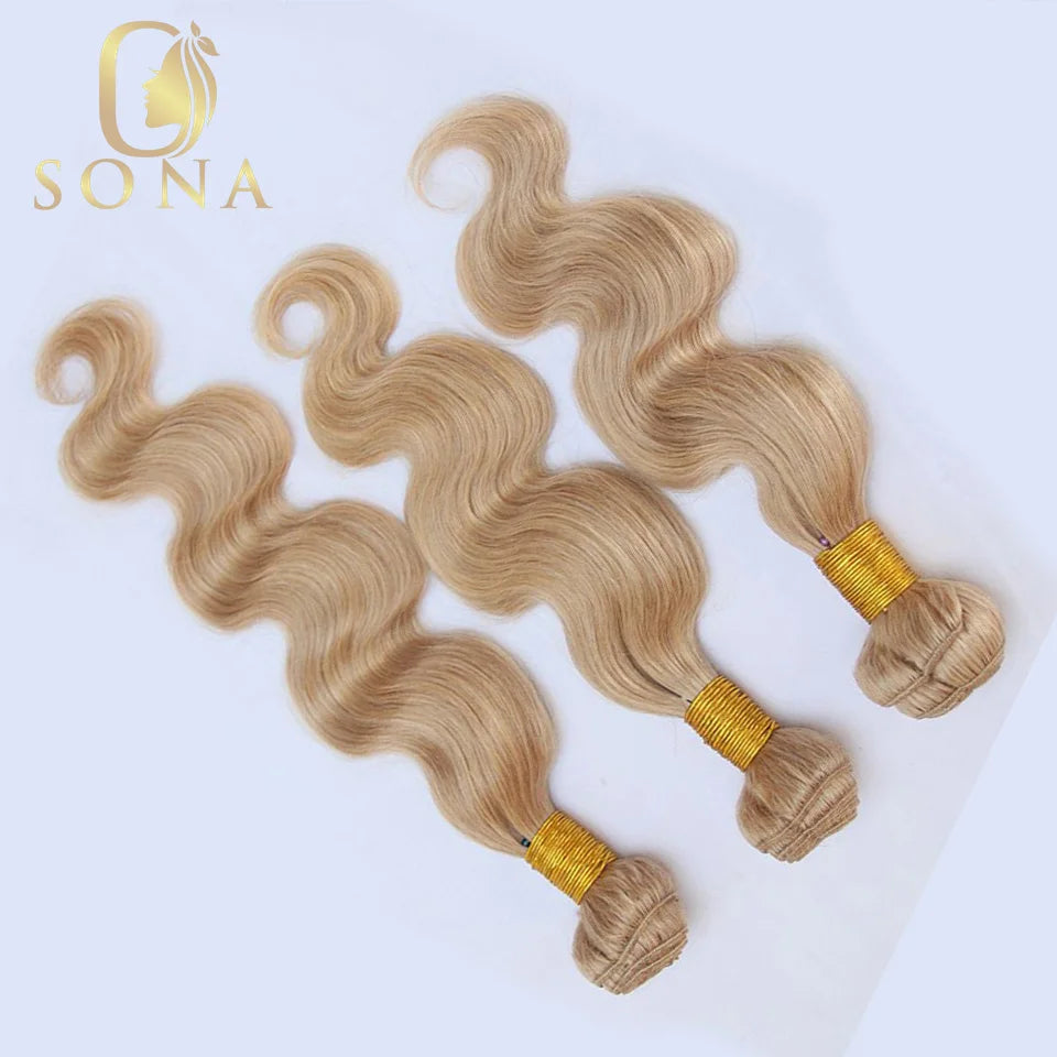 #27 Honey Blonde Human Hair Bundles with 4X4 Closure Brazilian Hair Weave Bundles with Closure 10A Colored Body Wave 1 3 Bundles