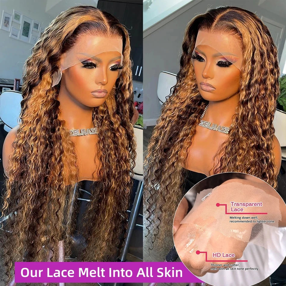 13x4 Hd Front Highlight Wig Brazilian Human Hair Curly Wigs Ombre Honey Blonde Colored Water Wave 30 Inch Deep Wave Frontal Wig