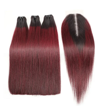 Vietnamese Raw Human Hair Bundles Bone Straight Weave Bundles with Closure Burgundy Red Hair Bundles Deal 2x6 Lace Kim K Closure