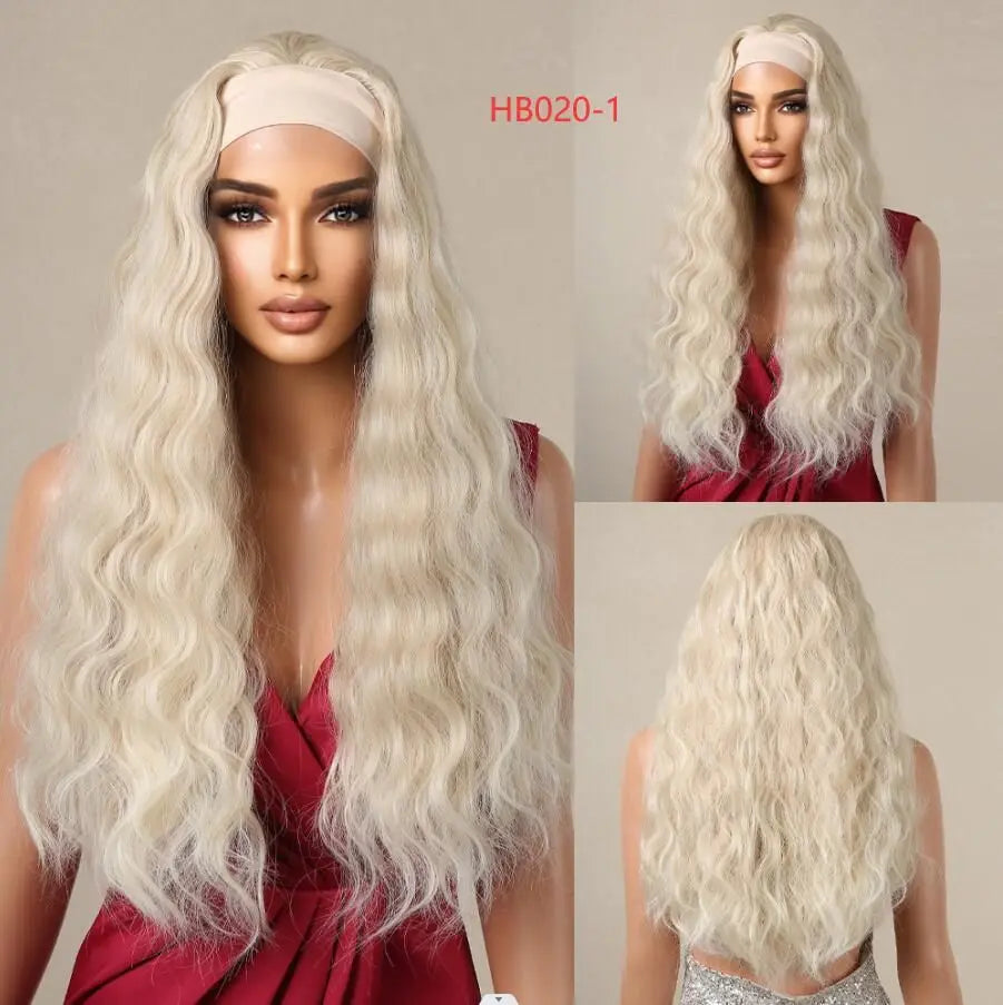 Long Curly Headband Synthetic Wigs Natural Ash Blonde Long Women's Headband Wig Body Wave Bohemian Hair Wig For Women Daily Use