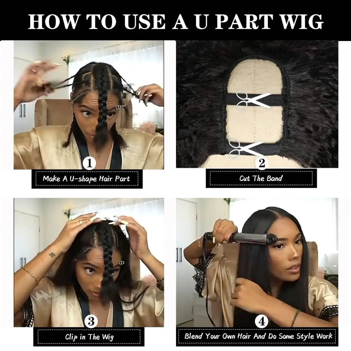 Synthetic U Part Wigs for Black Women Yaki Straight Wigs Natural Color Kinky Straight U-part wigs Hair Extension Clip