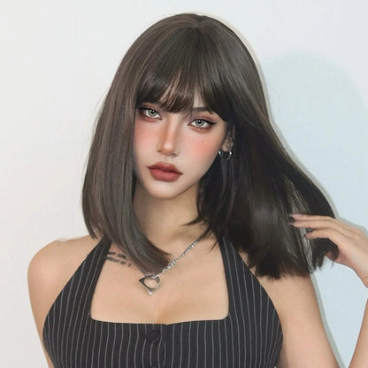 Straight Bob Synthetic Wigs Dark Brown Hair with Bangs for Women Shoulder Length Wig Daily Use Heat Resistant Korean Hairstyle