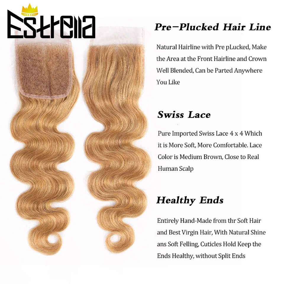 Gold Brown Body Wave Human Hair Bundles with Closure Brazilian Color 30 Remy Human Hair Bundles with 4x4 Lace Closure Free Part