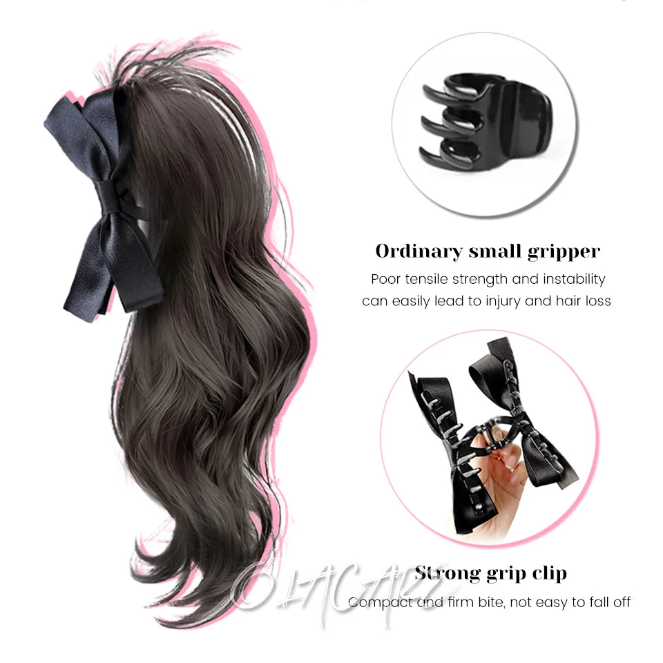 Ponytail Extension Bow Claw Curly Wavy Clip in Hairpiece Ponytail Hair Extensions Long Pony Tail Synthetic for Women Girl Daily