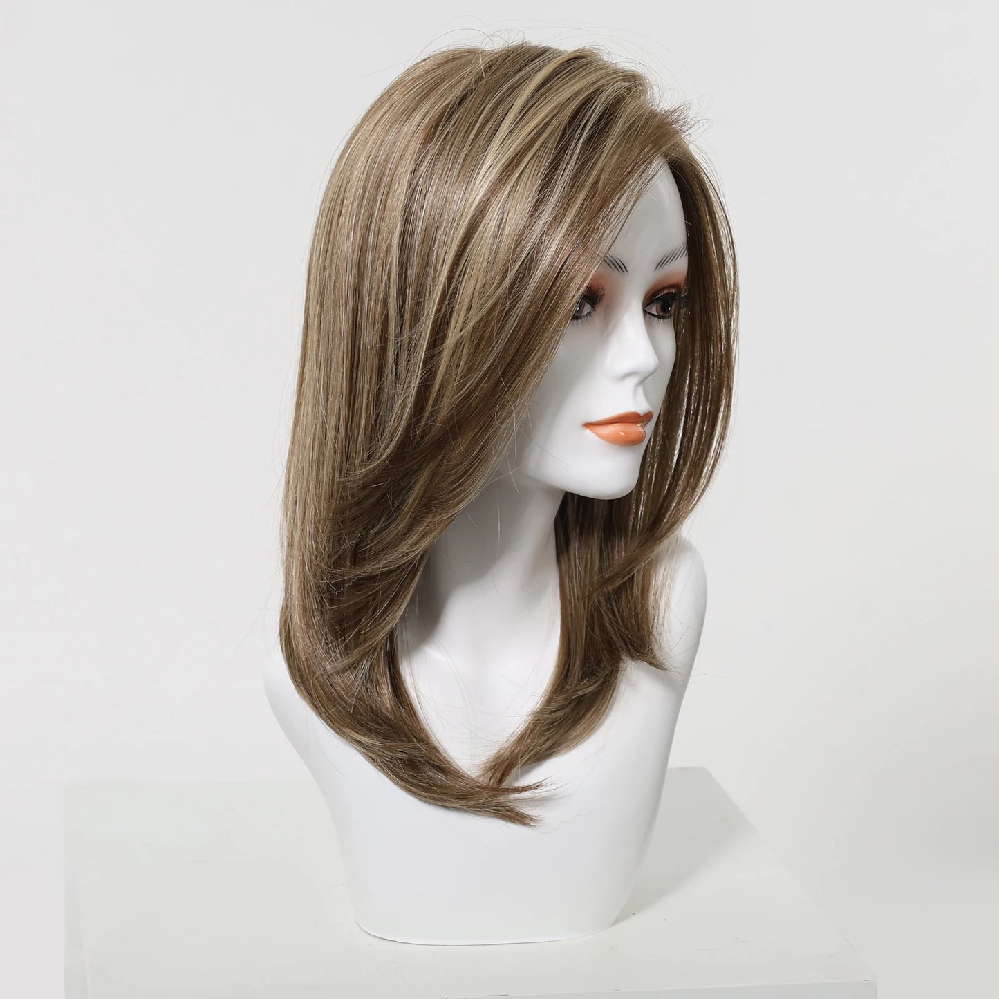 MONO Lace Frontal Synthetic Wigs Light Brown Blonde Hair Middle Length Straight Layered Wigs for White Women Daily 16inches Hair