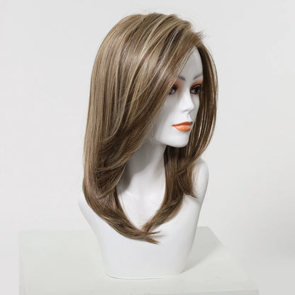 MONO Lace Frontal Synthetic Wigs Light Brown Blonde Hair Middle Length Straight Layered Wigs for White Women Daily 16inches Hair