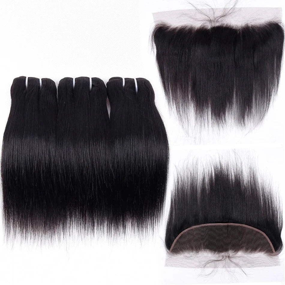 Brazilian Bone Straight Hair Bundles With Frontal Closure 100% Human Hair 3 Bundles With 13X4 Transparent Ear To Ear Lace Front