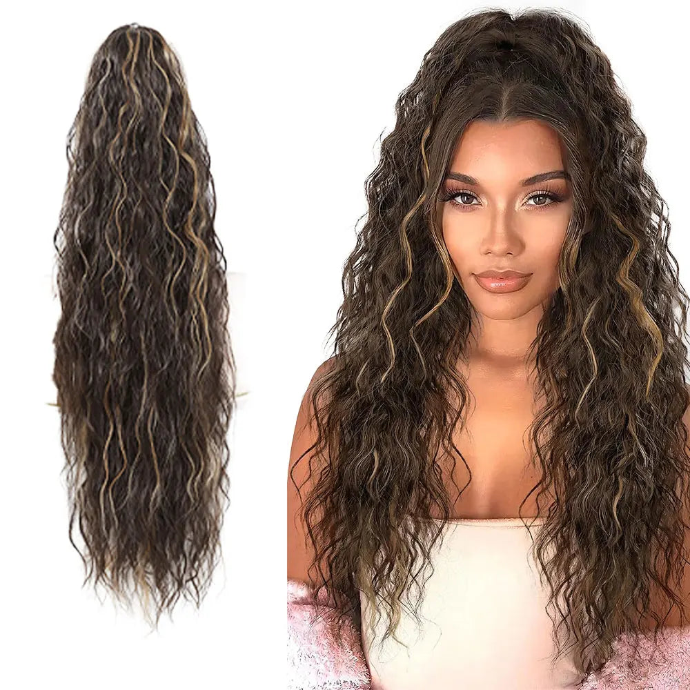 32inch Curly Wavy Ponytail Hair Extension For Women Drawstring Ponytail Hairpieces Synthetic Fake Horse Tail Black