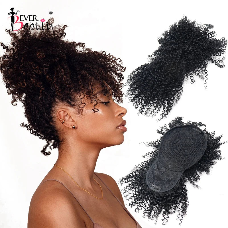 Ponytail Human Hair Mongolian Afro Kinky Curly Drawstring Ponytails With Bangs Clip In Extensions For Women Ever Beauty Remy