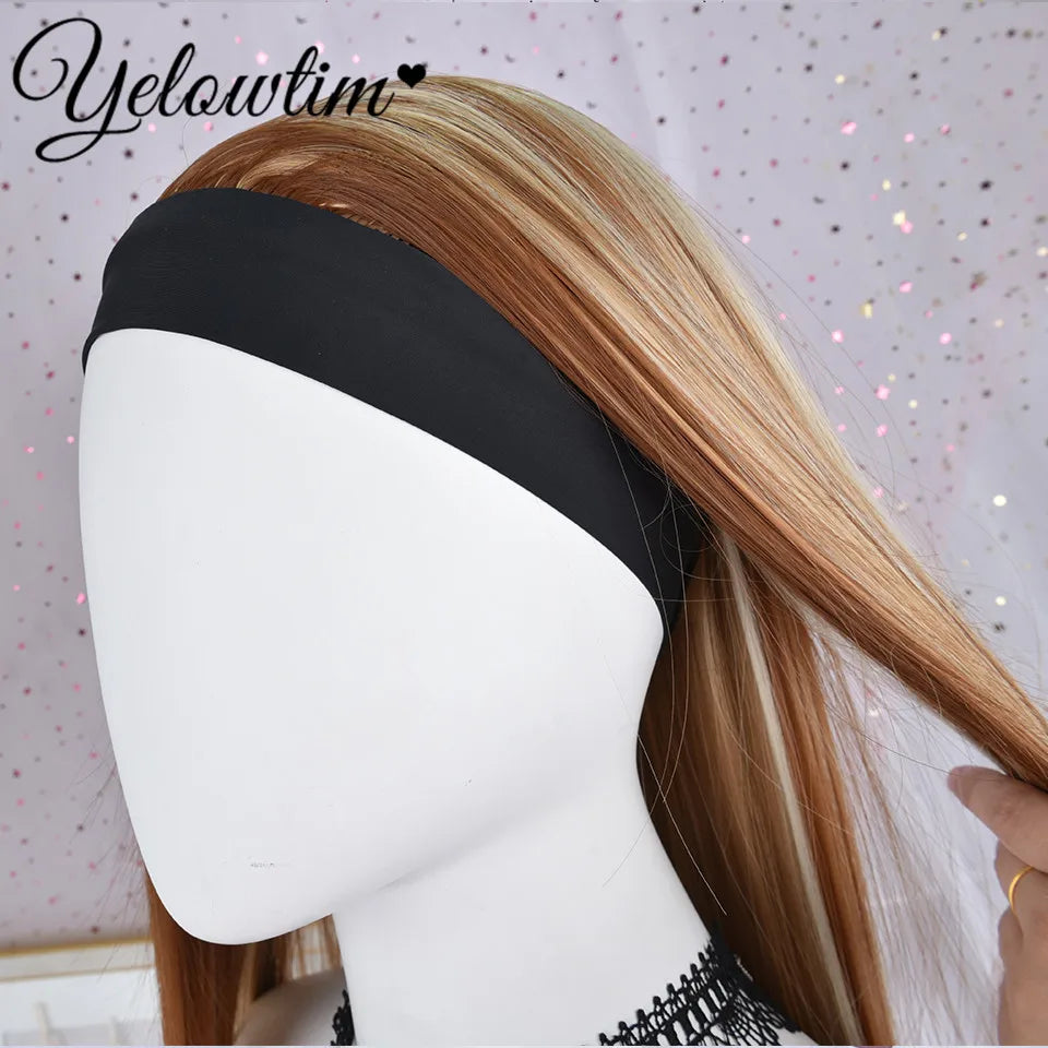 32inch Headband Wig Straight Hair Wig Women Brown High Gloss Synthetic Headband Wig gold mixed color