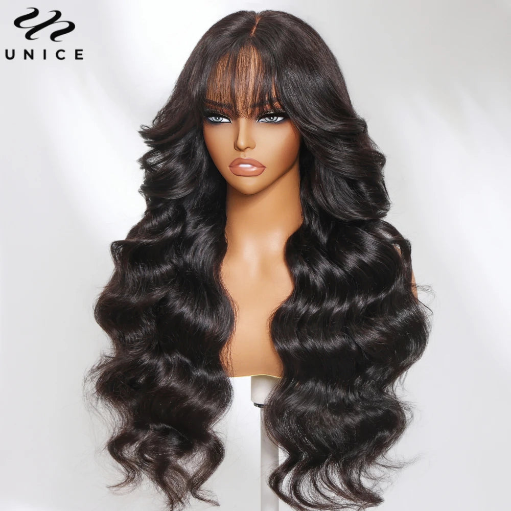 UNICE Hair Fluffy Loose Wave Wig With Curtain Bangs 7x5 Pre Cut Pre Bleached Glueless Wigs Human Hair Ready To Wear 180% Density