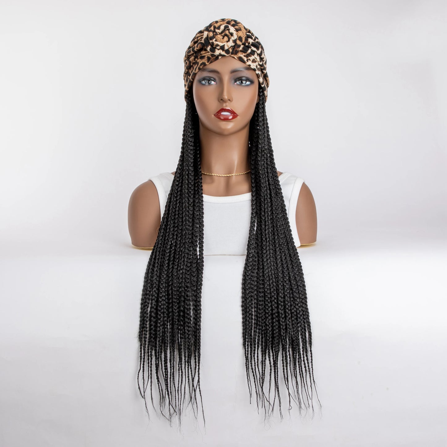 WIGERA Leopard Print Headband Long Braided Synthetic Wig With Turban Hat Box Braiding Hair Extensions Head Scarf  Easy Hairstyle