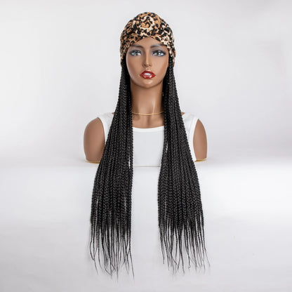 WIGERA Leopard Print Headband Long Braided Synthetic Wig With Turban Hat Box Braiding Hair Extensions Head Scarf  Easy Hairstyle