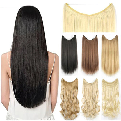 22'' 26'' Long Straight Blonde Synthetic Halo Hair Extensions Fish Line Invisible Hairpiece Extension Fake Hair for Girls