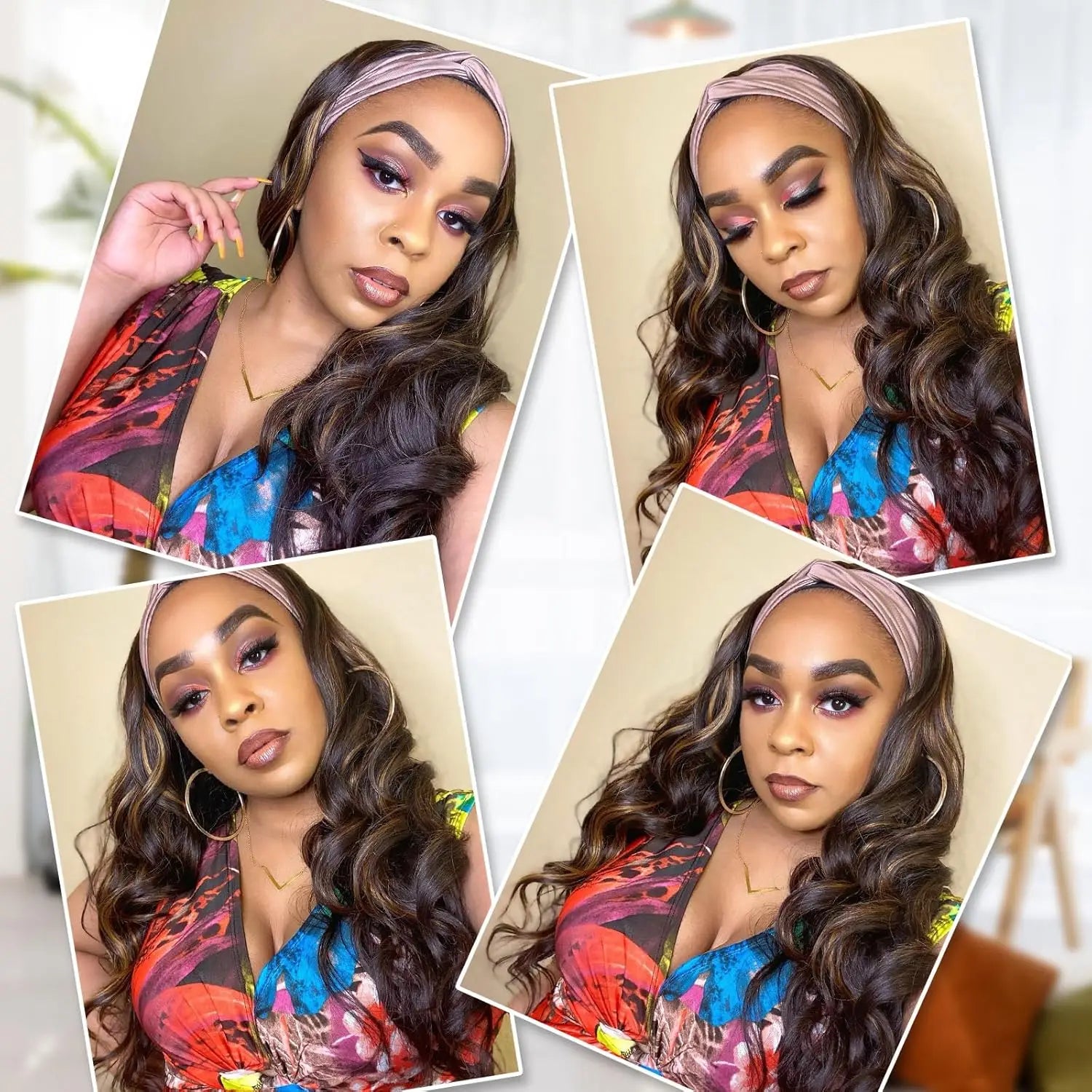 Long Wavy Headband Wig for Women Black Wigs with Brown Blonde Wigs Put On and Go Glueless Wig Long Synthetic Wig Party Daliy Use