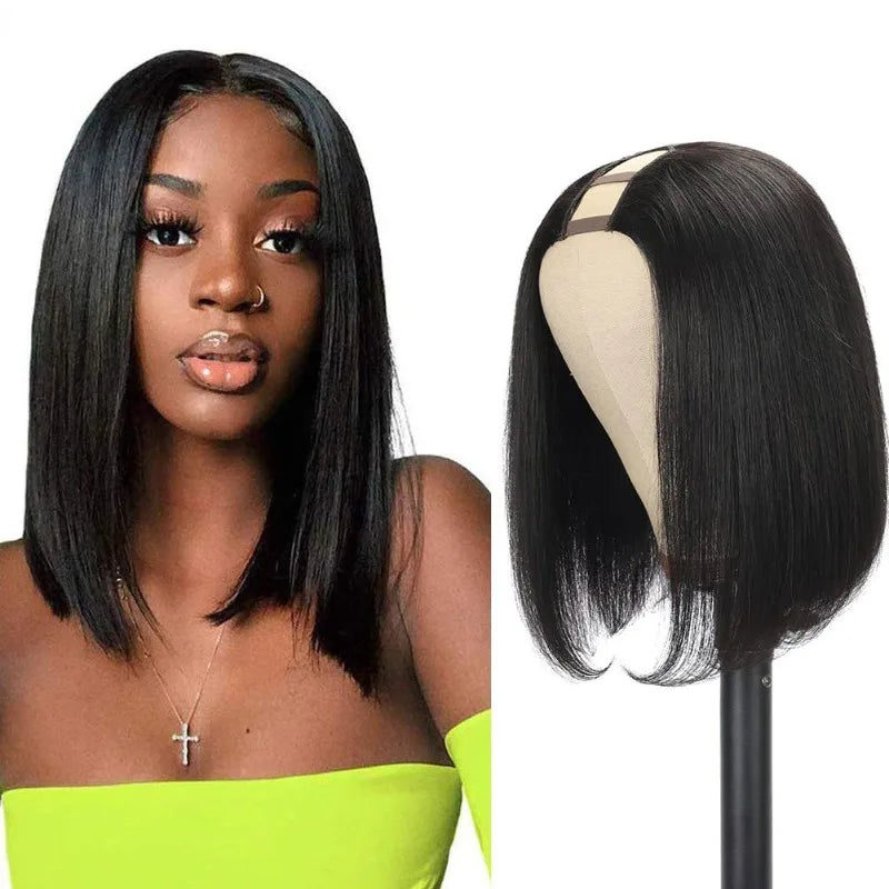 U-Part Straight Bob Wig 180% Brazilian Human Hair Natural Color ShortHigh Quality Length Full Coverage for Women