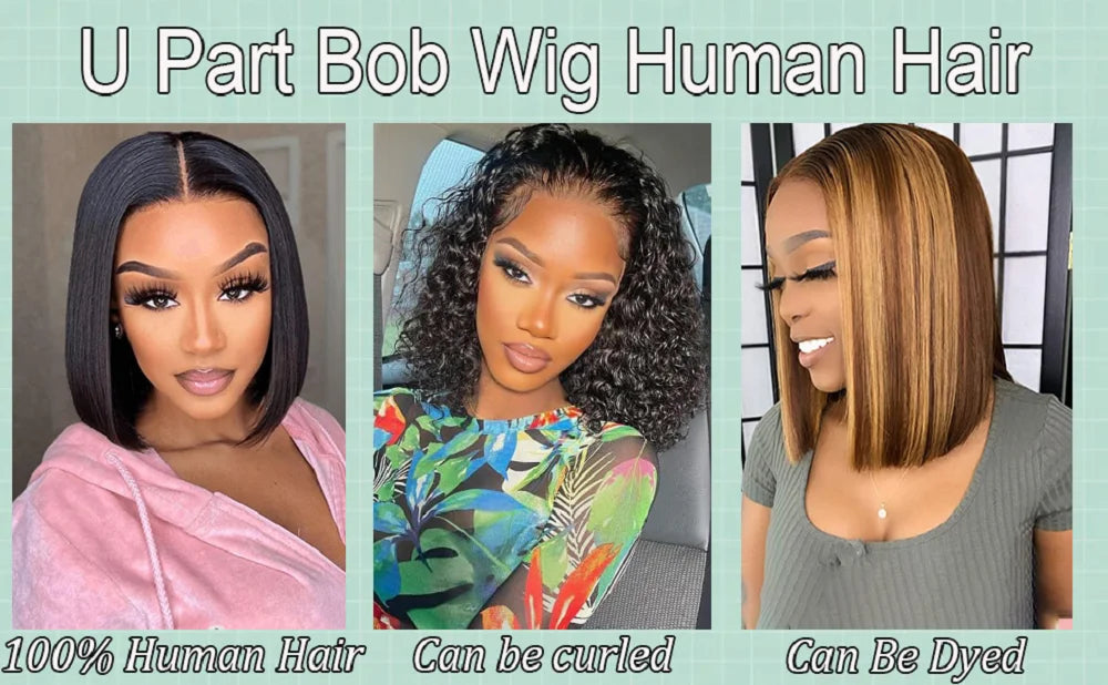 V Part Wig Human Hair Bob Wig for Black Women Brazilian Remy Straight Human Hair U Part Wig Beginner Friendly No Glue No Sew in