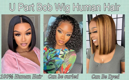 V Part Wig Human Hair Bob Wig for Black Women Brazilian Remy Straight Human Hair U Part Wig Beginner Friendly No Glue No Sew in