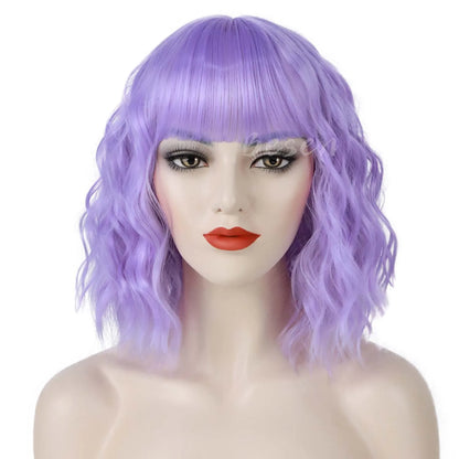 Synthetic Short Curly Bob Wig With Bangs for Women Wavy Shoulder Length Wig Short Water Wave Wig Daily Wear