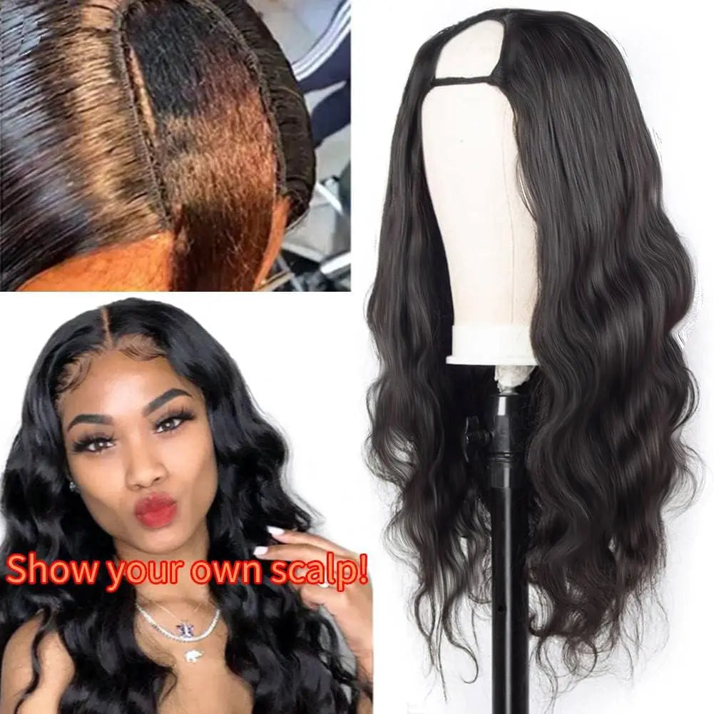 U Part Human Hair Wig Body Wave 250% Density U Part Wig Brazilian Virgin Human Hair Wig for Women 10A Full Head Clip in Half Wig