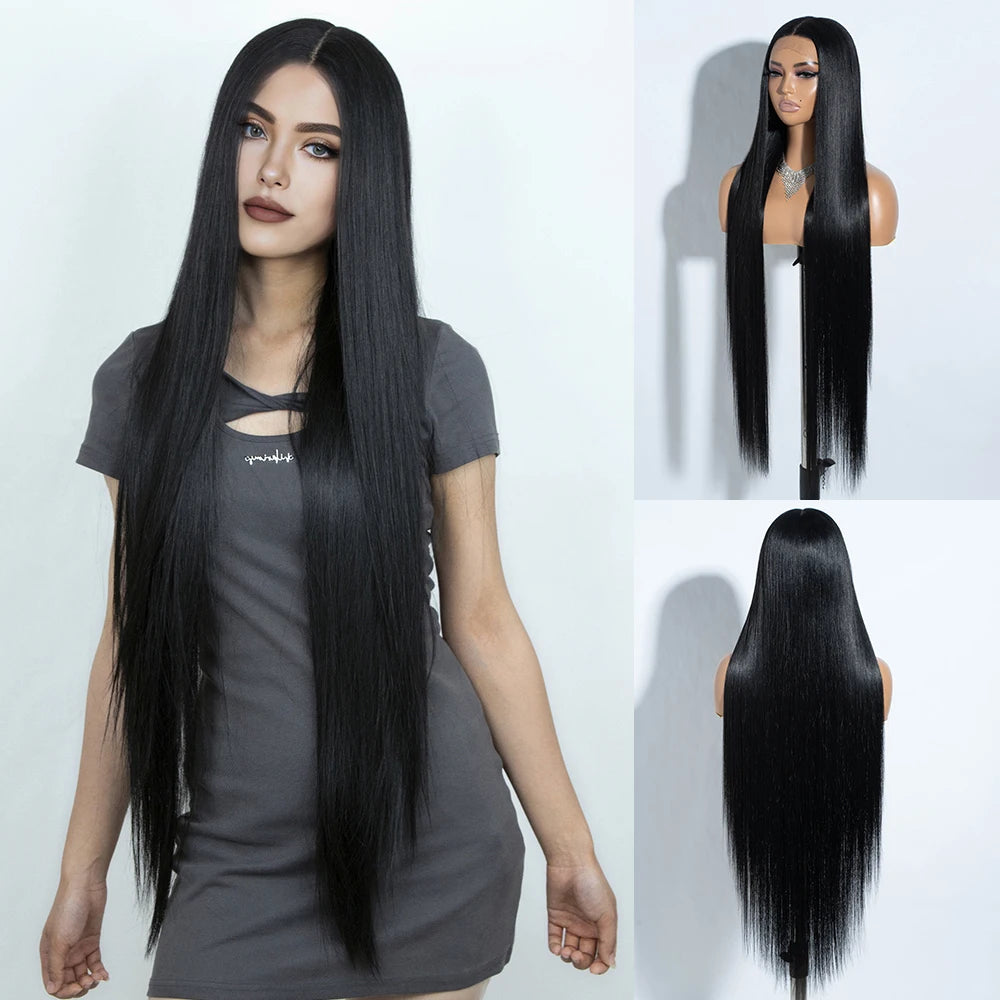 Synthetic Lace Front Wigs Highlight Brwon Blonde Black Wig For Women Long Straight  Lace WIg 38Inch Synthetic Heat Resistant Wig