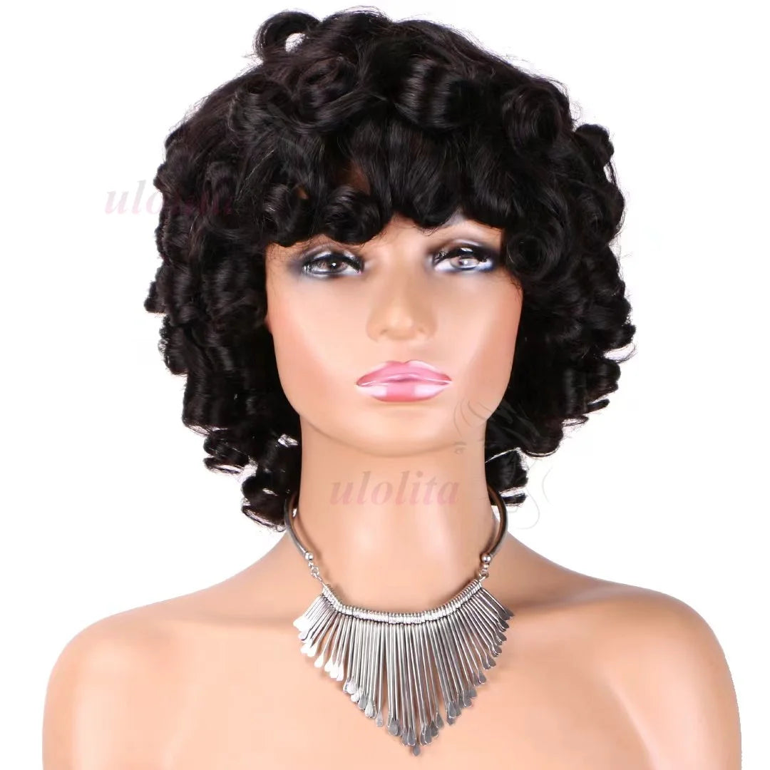 Bouncy Curly Human Hair Wig With Bangs Pixie Cut Bob Wigs Romance Curl Human Hair Wig Full Machine Made Scalp Wig For Women Wig