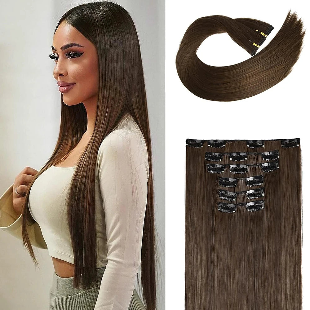 Synthetic Black Hair Extensions 24"/60cm 140g 6pcs/set Women Long Straight Full Head Clip 16 Clips  Ombre  Heat Resistant Fiber