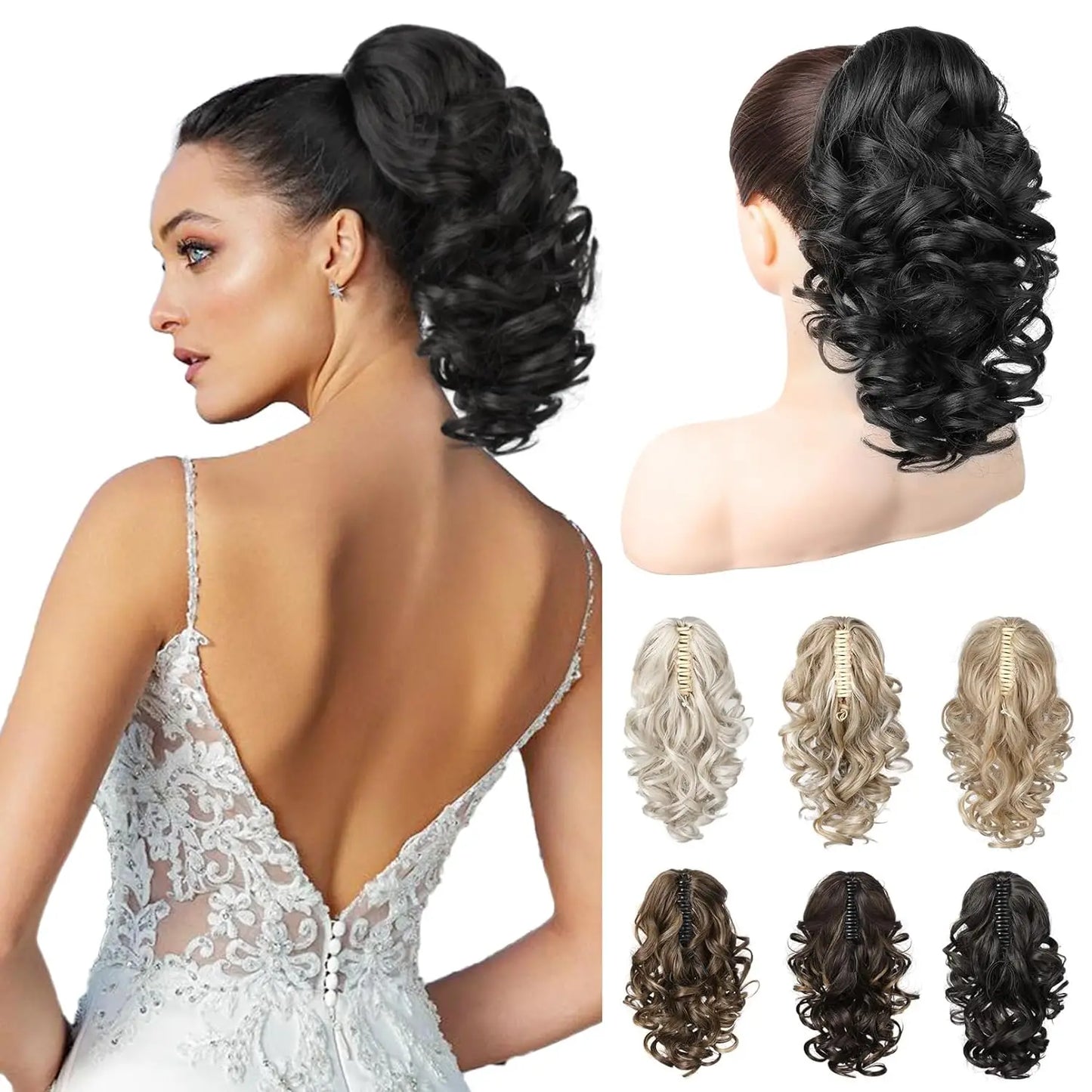 12" Ponytail Extension Classic Loose Curly Wavy Claw Clip Hair Hairpieces for Women Ash Blonde with Highlights Daily Party Use