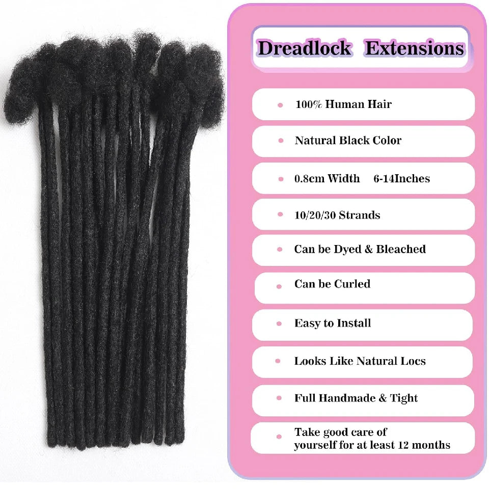 Afro Fully Handmade Permanent Loc Extensions Human Hair 0.8cm Boho Braids Dreadlock Extension Human Hair For Women 10-40 Strands