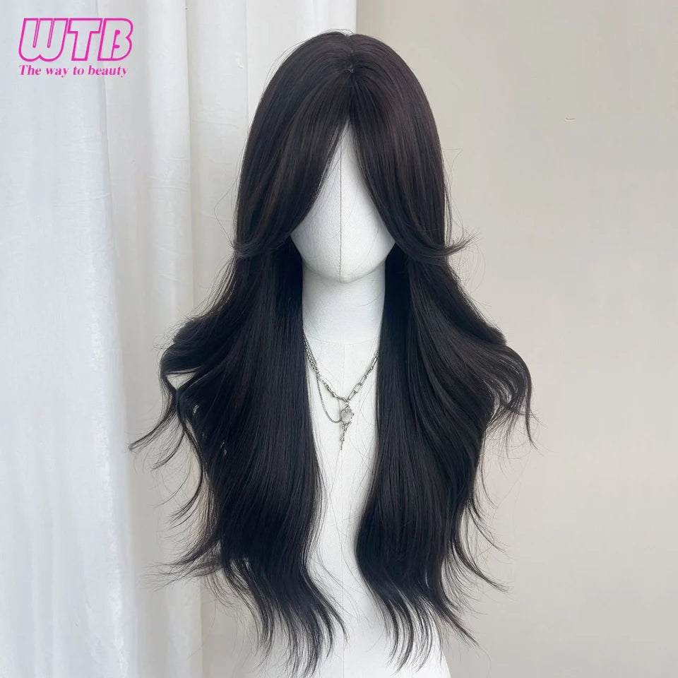 Syntietic WIGS Popular Black Long Deep Wave Hair Lolita Wigs With Bangs Synthetic Wig For Women Fashion Thick Curls Wigs Girl
