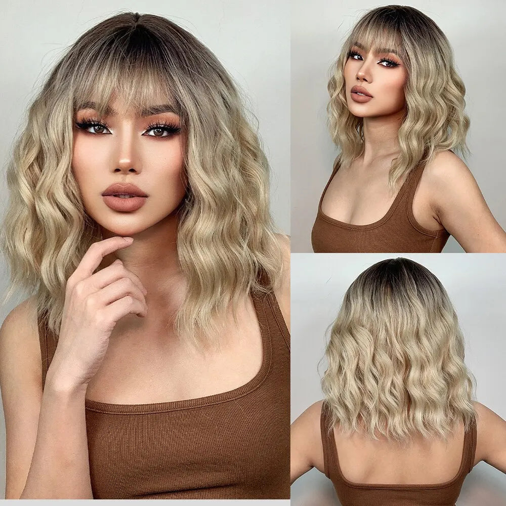 Women Grey Wavy Bob Wigs with Bangs Short Blonde Ombre Synthetic Wig With with Dark Roots Natural Hair for Daily Use