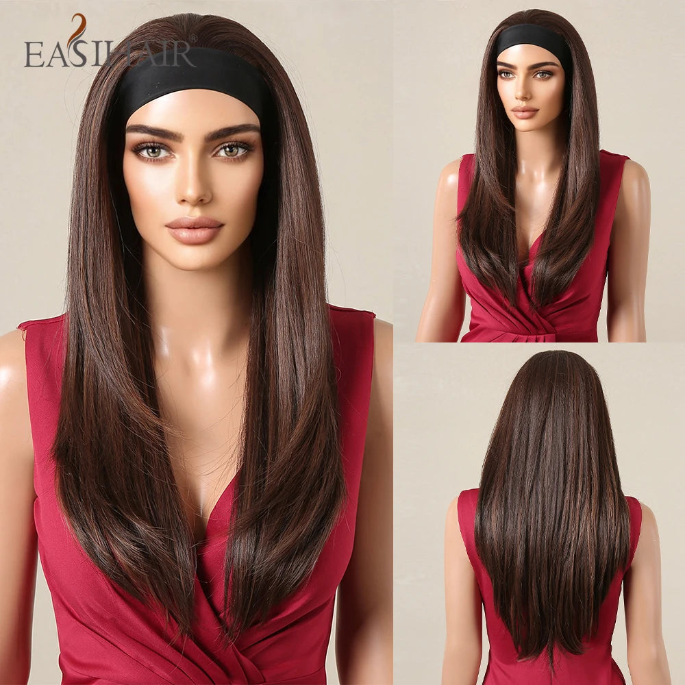 Long Headband Synthetic Wigs Natural Wavy Brown Highlight Headband Hair Wigs for Women Heat Resistant Cosplay Party Fake Hair