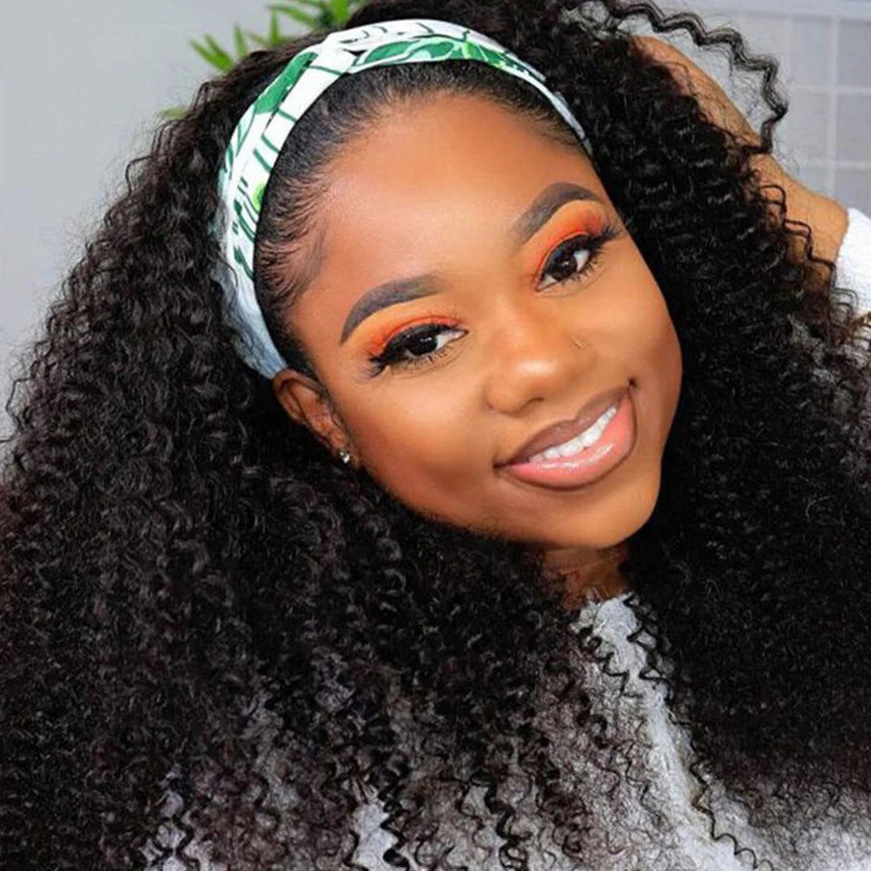 Malaysia Kinky Curly Human Hair Headband Wig For Black Women 180% Density Glueless Remy Jerry Curl Full Machine Made Hair