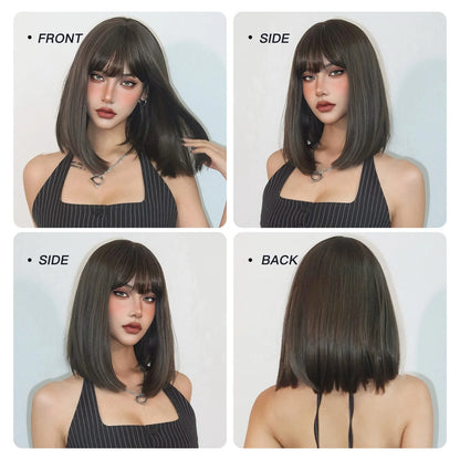 Straight Bob Synthetic Wigs Dark Brown Hair with Bangs for Women Shoulder Length Wig Daily Use Heat Resistant Korean Hairstyle