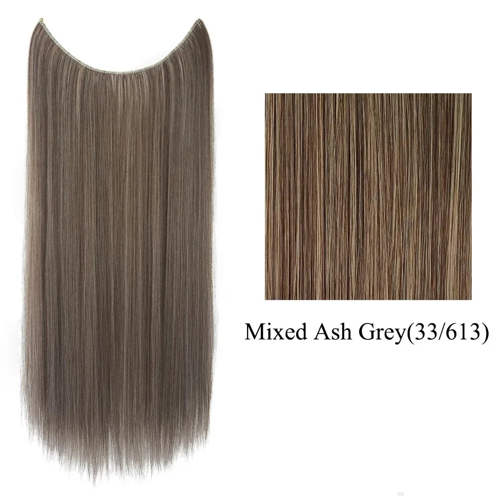 22'' 26'' Long Straight Blonde Synthetic Halo Hair Extensions Fish Line Invisible Hairpiece Extension Fake Hair for Girls